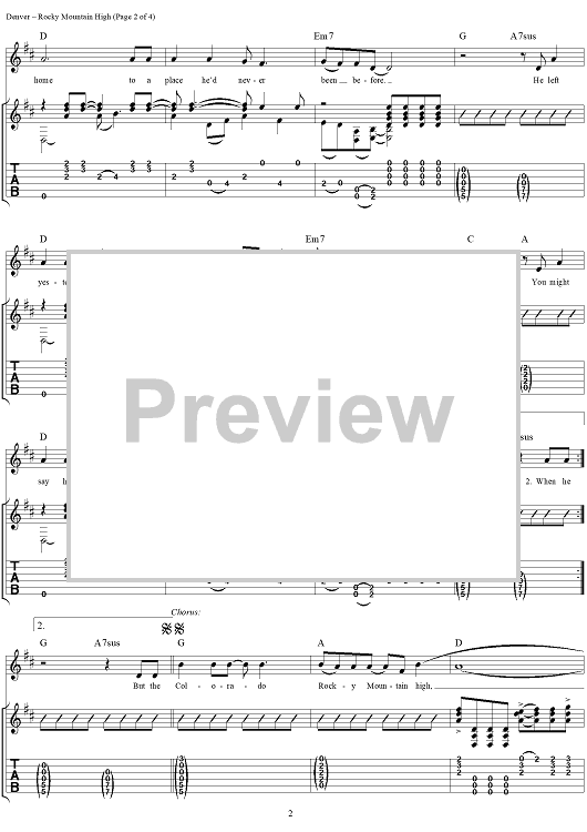 Rocky Mountain High" Sheet Music by Taffy Nivert for Guitar Tab/Vocal