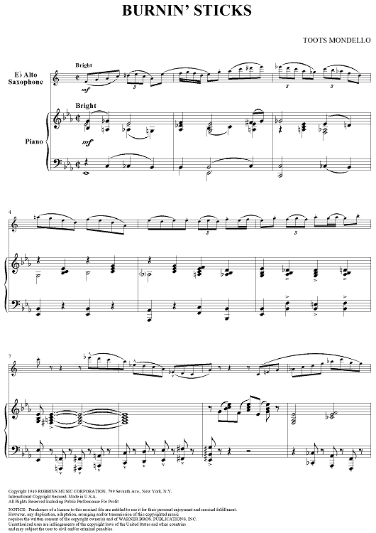 Burnin' Sticks - Piano Score