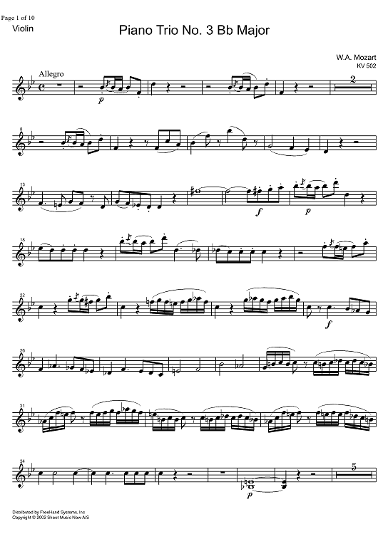 Piano Trio No. 3 Bb Major KV502 - Violin