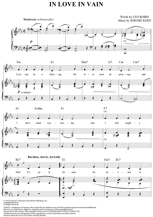 In Love in Vain" Sheet Music for Piano/Vocal/Chords - Sheet Music Now