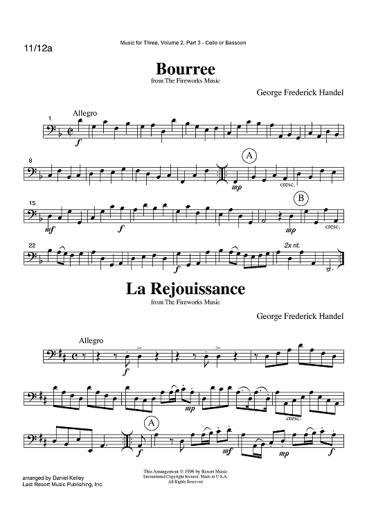Bourree, La Rejouissance & Menuet from The Fireworks Music - Part 3 Cello or Bassoon