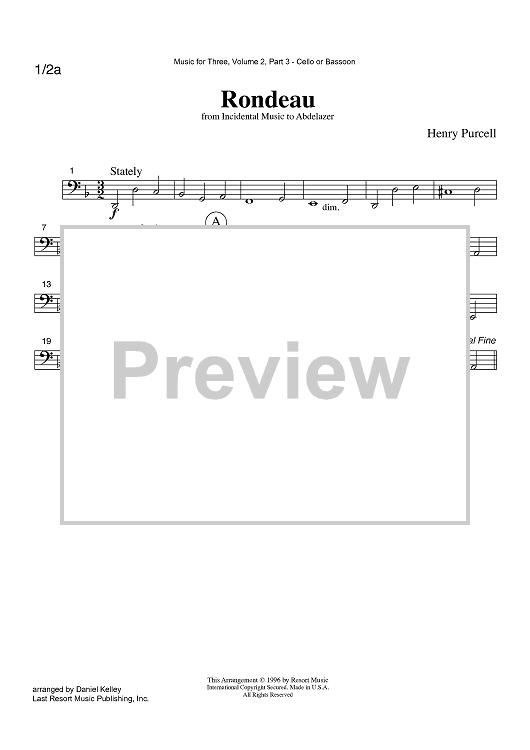 Rondeau - from Incidental Music to Abdelazer - Part 3 Cello or Bassoon