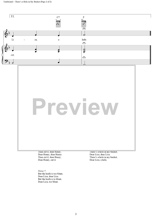 There's a Hole in My Bucket" Sheet Music for Piano/Vocal/Chords Sheet