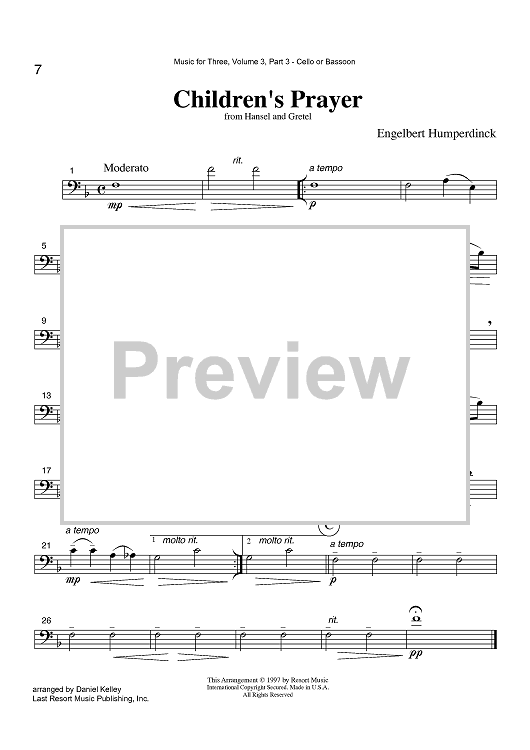 Children's Prayer - from Hansel and Gretel - Part 3 Cello or Bassoon