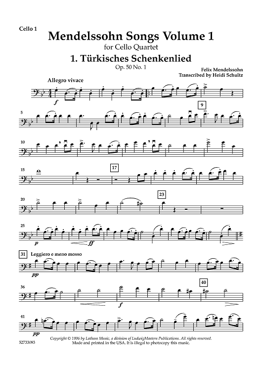 Mendelssohn Songs: Volume 1 for Cello Quartet - Cello 1