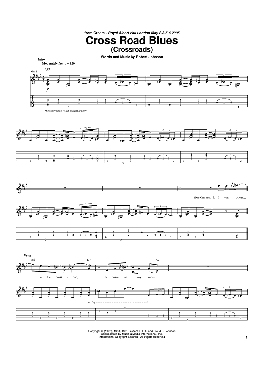 Cross Road Blues (Crossroads)" Sheet Music by Eric Clapton