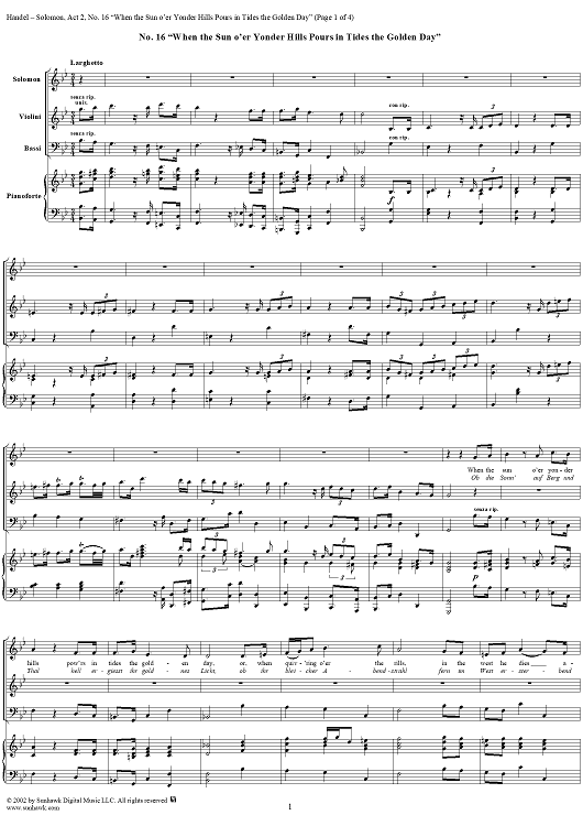 When the sun o'er yonder hills pours in tides the golden day, No. 16 from Oratorio "Solomon", Act 2 (HWV67)