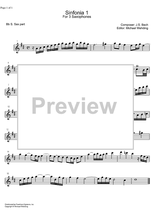 Three Part Sinfonia No. 1 BWV 787 C Major - B-flat Soprano Saxophone