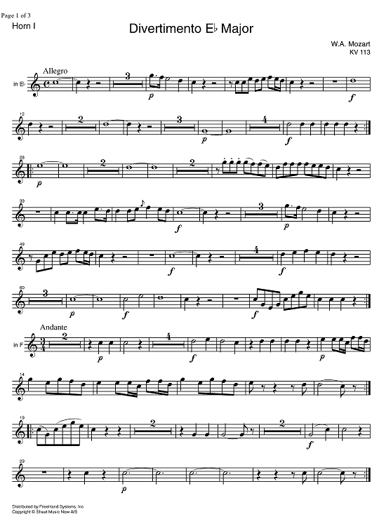 Divertimento No. 1 Eb Major KV113 - Horn 1