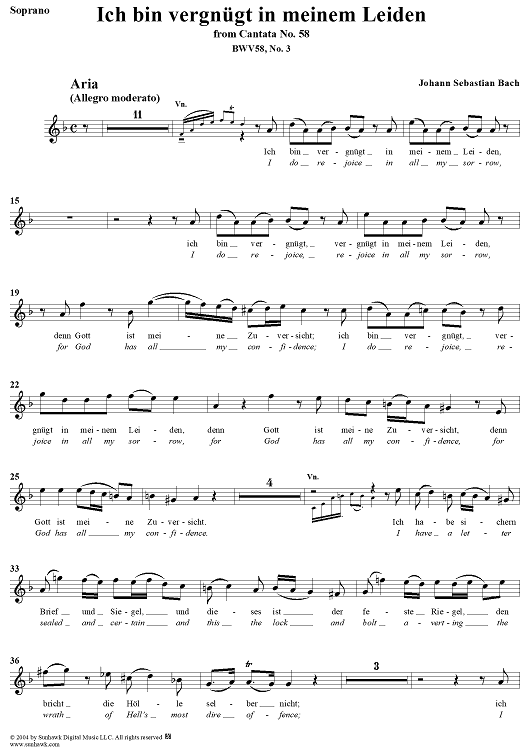 "Ich bin vergnügt in meinem Leiden", Aria, No. 3 from Cantata No. 58: "Ach Gott, wie manches Herzeleid" - Soprano