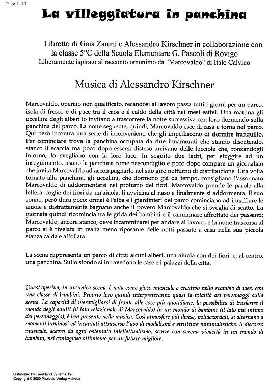 La villeggiatura in panchina [piano reduction] - Notes