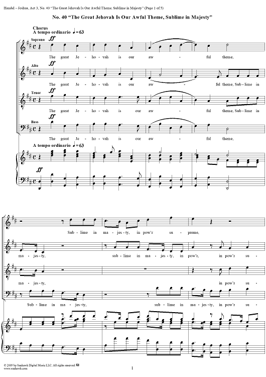 Joshua, Act 3, No. 40: "The great Jehovah is our awful theme, sublime in majesty"