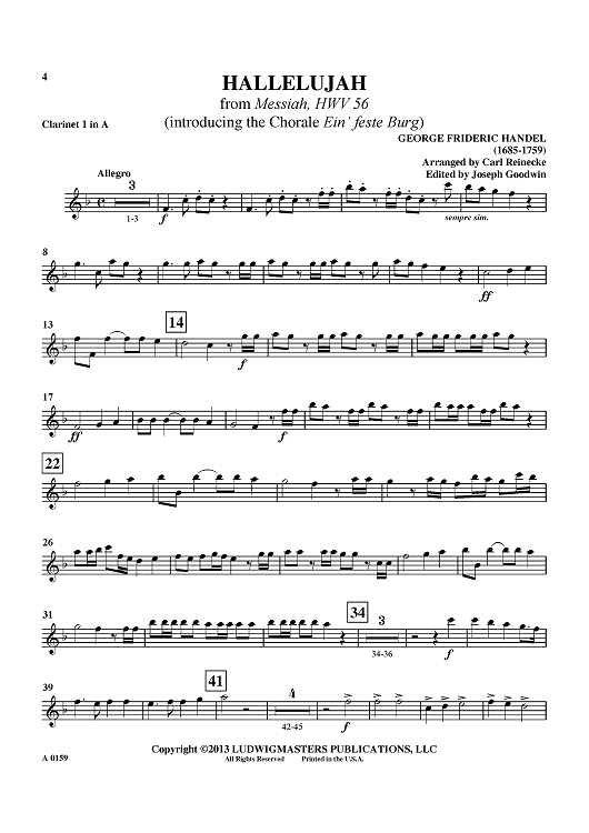 Hallelujah - from "Messiah", HWV 56 (introducing the Chorale "Ein' feste Burg") - Clarinet 1 in A