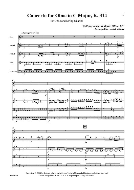 Concerto for Oboe in C Major, K. 314 for Oboe and String Quartet - Score