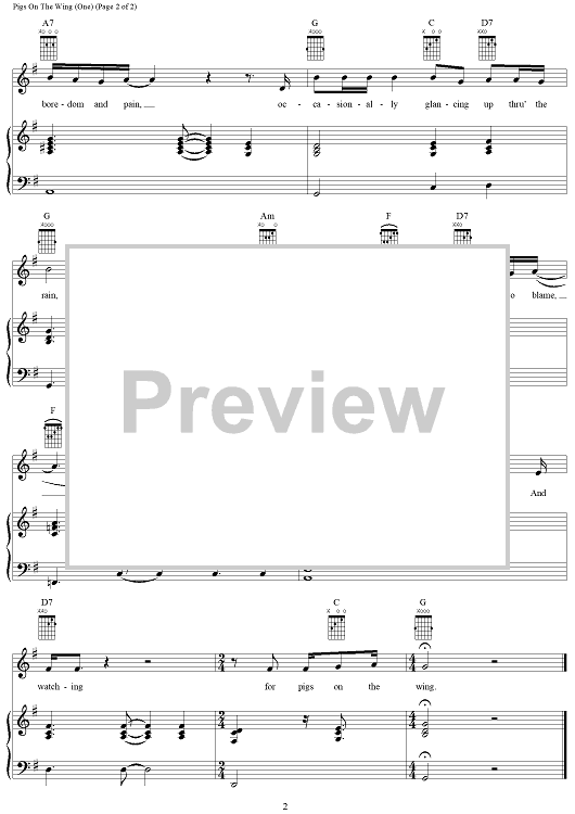 Pigs on the Wing (One)" Sheet Music by Pink Floyd for Piano/Vocal