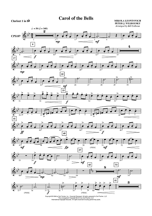 Carol of the Bells - Clarinet 1 in B-flat