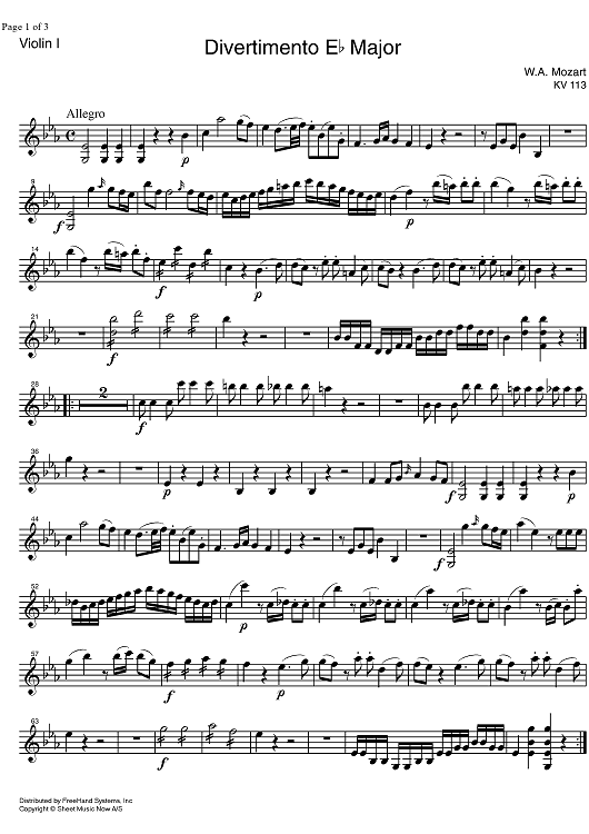 Divertimento No. 1 Eb Major KV113 - Violin 1