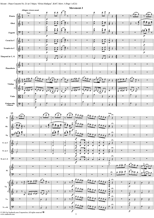 Piano Concerto No. 21 in C Major ("Elvira Madigan"), Movement 3 (K467) - Full Score