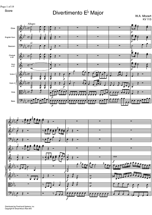 Divertimento No. 1 Eb Major KV113 - Score