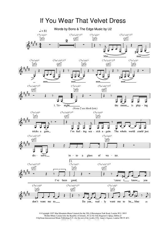 If You Wear That Velvet Dress" Sheet Music by U2 for Lead Sheet