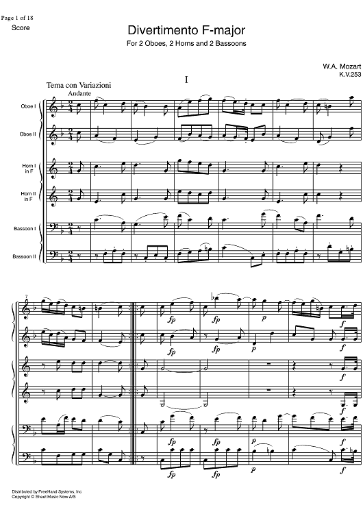 Divertimento F Major KV253 - Score