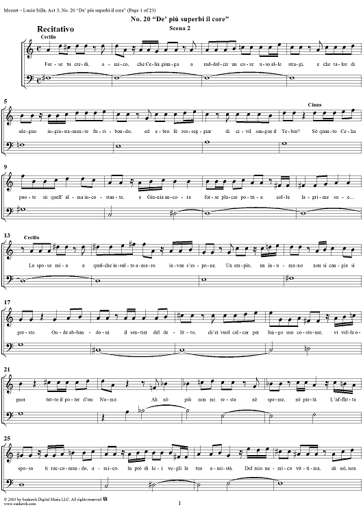 Recitative and Aria: De' più superbi il core, No. 20 from "Lucio Silla", Act 3 - Full Score