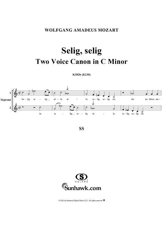 Selig, selig, two voice canon in C Minor, K382b (K230)