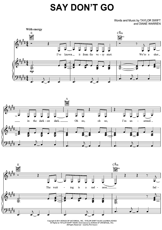 Say Don't Go" Sheet Music by Taylor Swift for Piano/Vocal