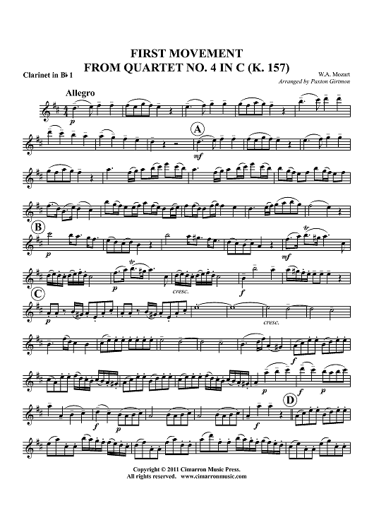 First Movement from Quartet No. 4 in C (K. 157) - Clarinet 1 in Bb