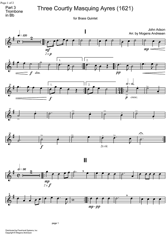 3 Courtly Masquing Ayres - B-flat Trombone 1