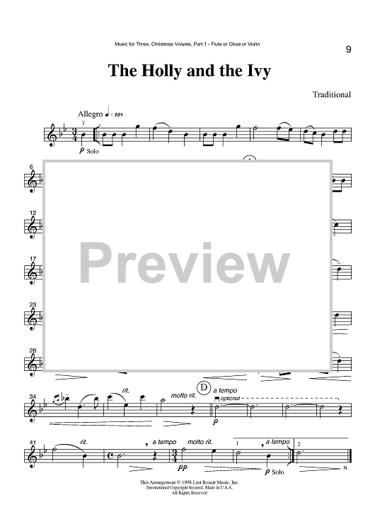 The Holly and the Ivy - Part 1 Flute, Oboe or Violin