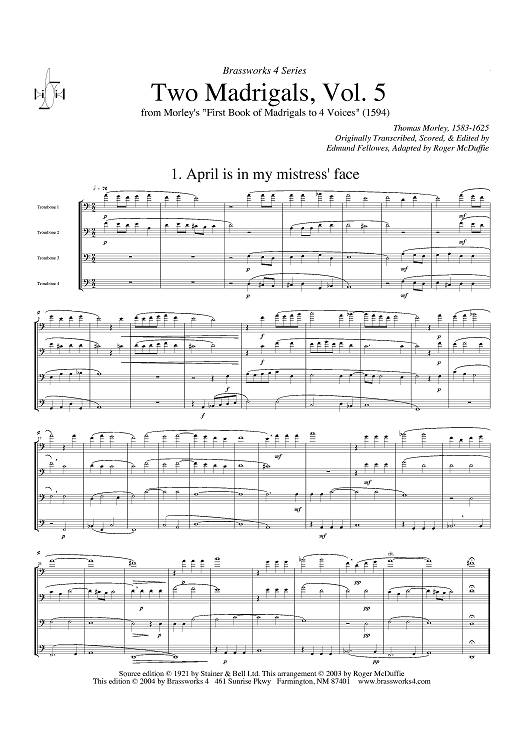 Two Madrigals, Vol. 5 - from Morley's "First Book of Madrigals to 4 Voices" (1594) - Score