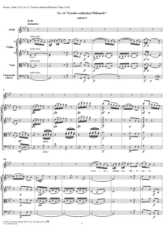 "Trostlos schluchzet Philomele", No. 12 from "Zaide", Act 2, K336b (K344) - Full Score