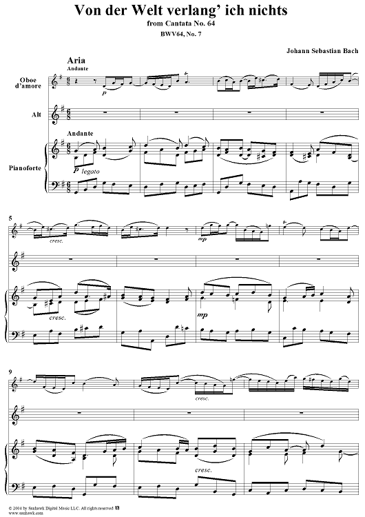 "Von der Welt verlang' ich nichts", Aria, No. 7 from Cantata No. 64: "Sehet, welch eine Liebe" - Piano Score