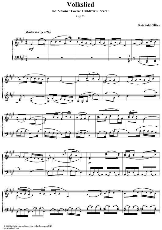 Volkslied - No. 5 from "Twelve Children's Pieces" Op. 31