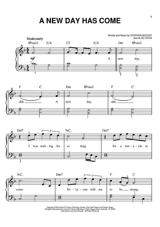 A New Day Has Come Sheet Music by Celine Dion for Easy Piano