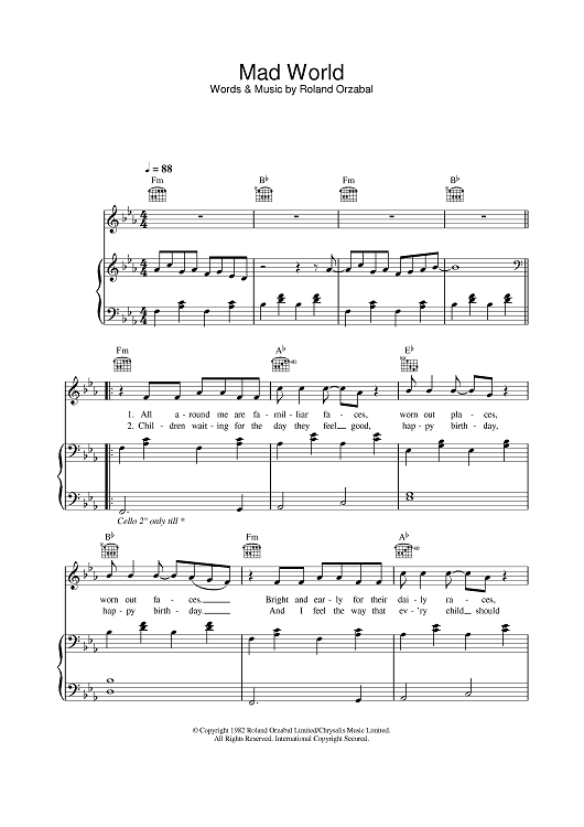 Mad World - Gary Jules - Compact Piano Sheet Music : r/piano