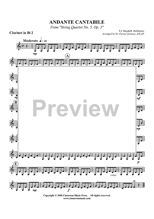 Andante Cantabile from "String Quartet No. 5, Op. 3" - Clarinet 2 in B-flat