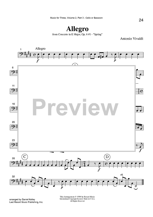 Allegro - from Concerto in E Major, Op. 8 #1 - "Spring" - Part 3 Cello or Bassoon