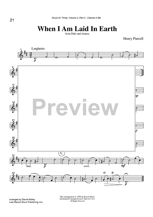 When I Am Laid In Earth - from Dido and Aeneas - Part 2 Clarinet in Bb
