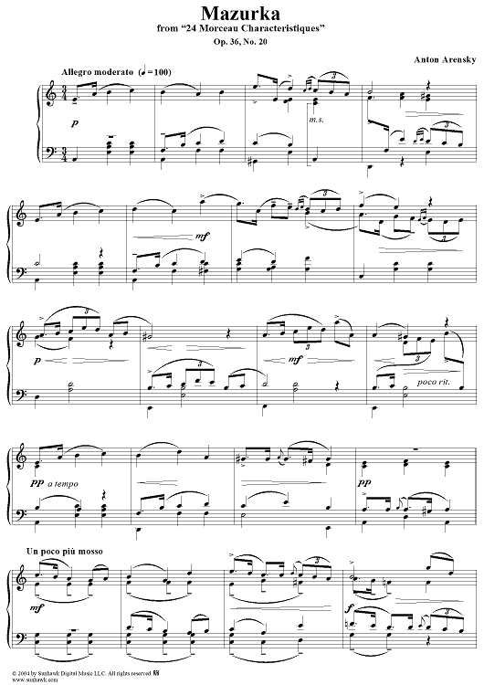 Mazurka, No. 20 from "Twenty Four Morceau Characteristiques", Op. 36