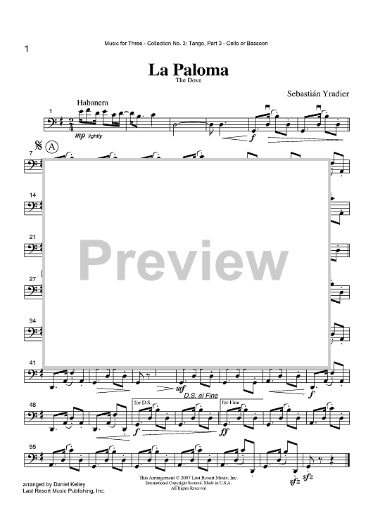La Paloma (The Dove) - Part 3 Cello or Bassoon