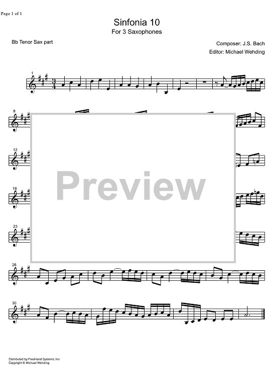 Three Part Sinfonia No.10 BWV 796 G Major - B-flat Tenor Saxophone