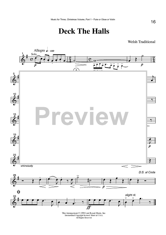 Deck The Halls - Part 1 Flute, Oboe or Violin