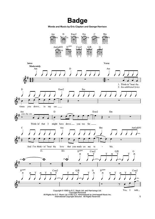 Badge" Sheet Music by Eric Clapton; Harrison; Cream for Lead