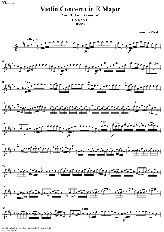 Violin Concerto in E Major    - from "L'Estro Armonico" - Op. 3/12  (RV265) - Violin 1