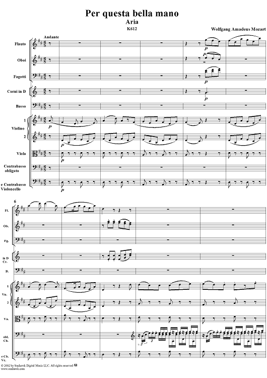 "Per questa bella mano", aria, K612 - Full Score