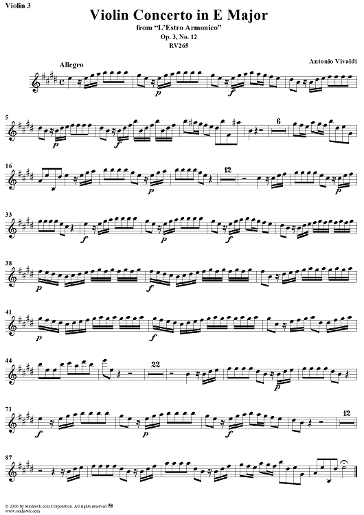 Violin Concerto in E Major    - from "L'Estro Armonico" - Op. 3/12  (RV265) - Violin 3