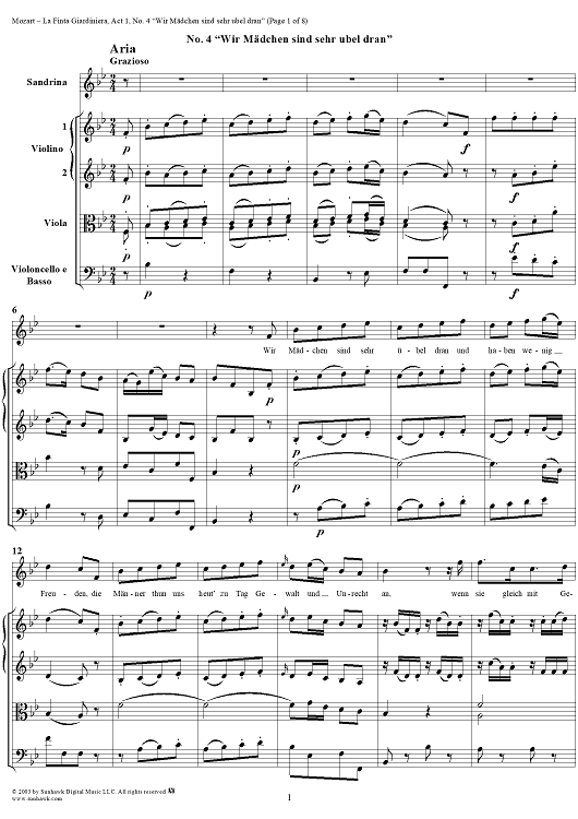 La Finta Giardiniera, Act 1, No. 4 "Wir Mädchen sind sehr übel dran" (Aria) - Full Score