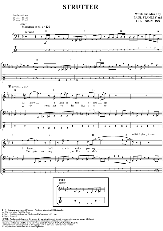 Strutter" Sheet Music by KISS for Bass Tab/Vocal Sheet Music Now